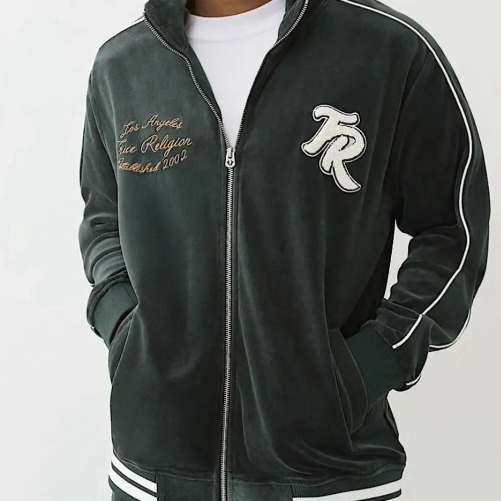 TRUE RELIGION Black Velour Track Jacket Streetwear Full-Zip Striped Men's Medium